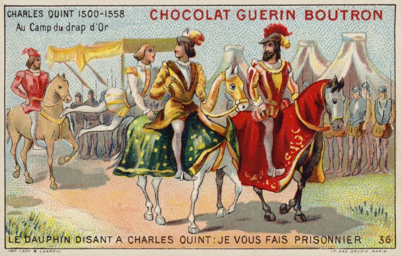 V. Károly császár az aranyszövet mezőjén (chromolitho) alkotó: French School