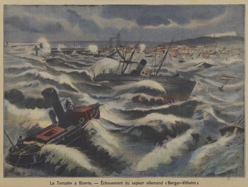 A Berger-Wilhelm német gőzhajó zátonyra futott egy viharban a tunéziai Bizerte mellett (színes litó) alkotó: French School