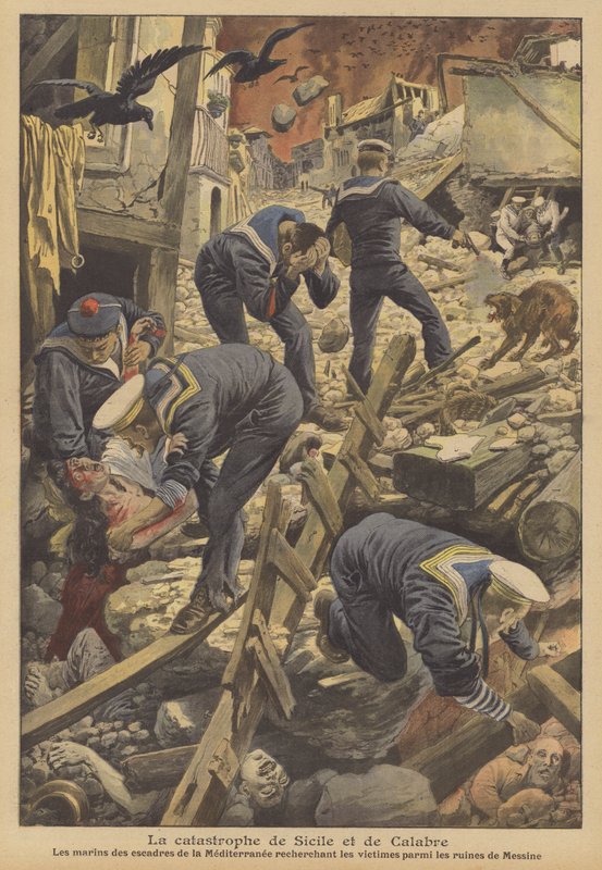 Az 1908-as messinai földrengés, Szicília (színes litho) alkotó: French School
