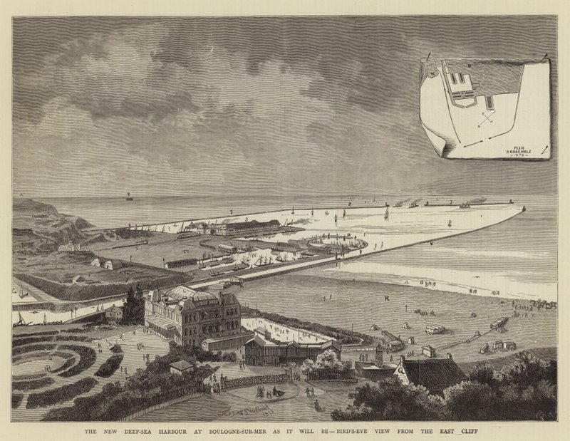 Az új mélytengeri kikötő Boulogne-sur-Merben, ahogy lesz, madártávlat a keleti szikláról (metszet) alkotó: French School