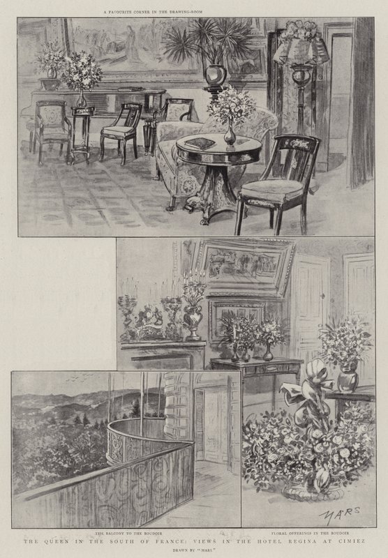 A királynő Dél-Franciaországban, kilátás a Hotel Regina at Cimiezben (litho) alkotó: French School