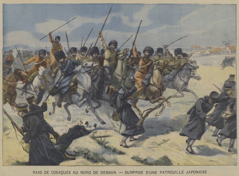 Az orosz-japán háború: Kozákok megleptek egy japán járőrt a koreai Gensantól északra végrehajtott rajtaütésben (színes litho) alkotó: French School