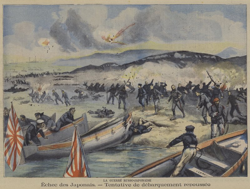 Az orosz-japán háború: a japán csapatok partraszállási kísérletét visszaverik (színes litho) alkotó: French School