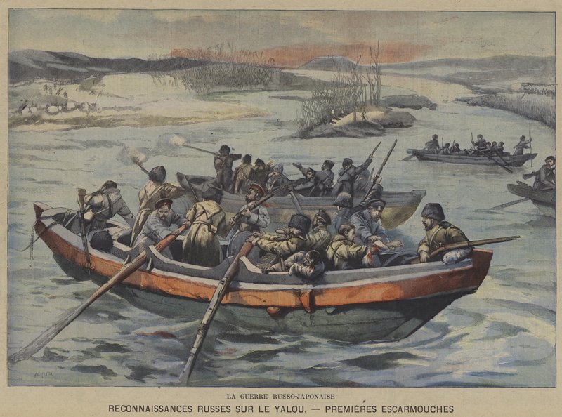 Az orosz-japán háború: az első összecsapások az orosz felderítés során a Yalu folyón (színes litho) alkotó: French School