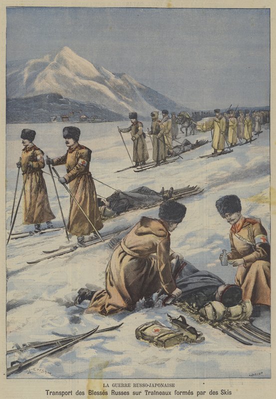 Az orosz-japán háború: sebesült orosz katonák szállítása sílécből készült szánkókon (színes litho) alkotó: French School