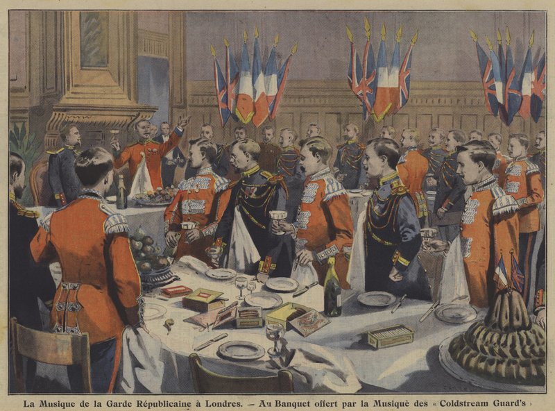 A Francia Köztársasági Gárda zenekara a Coldstream Guards bandája által rendezett banketten Londonban (színes litho) alkotó: French School