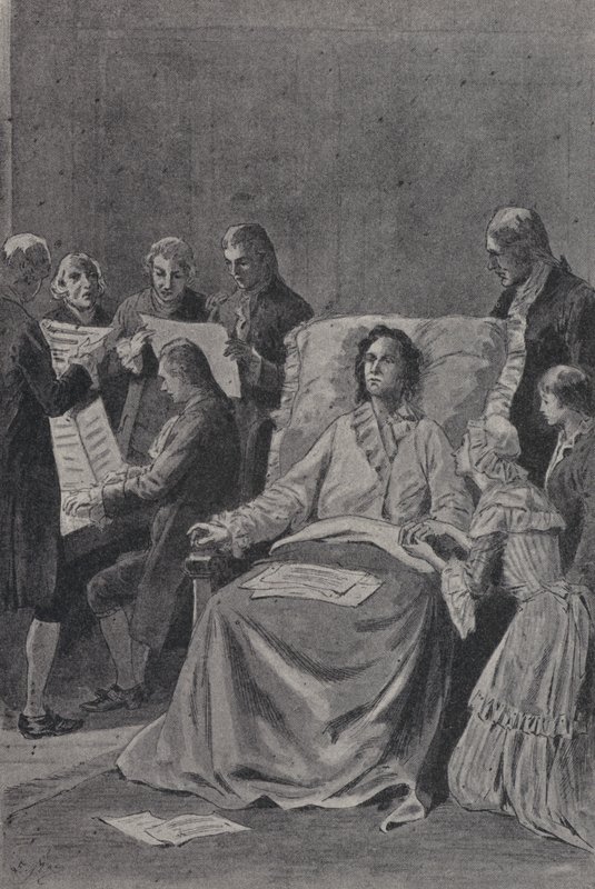 A haldokló Wolfgang Amadeus Mozart hallgatja barátait In Praise of Friendship című kantátájának előadásában (metszet) alkotó: French School