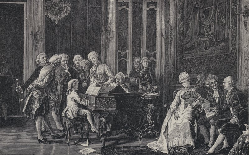 A hét éves Wolfgang Amadeus Mozart III. György király előtt játszott Londonban, 1764-ben alkotó: French School