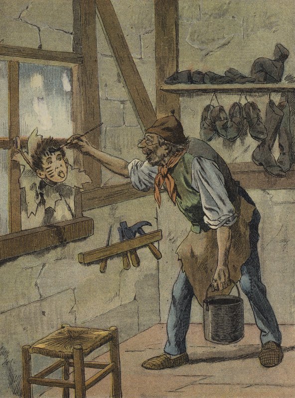A cipész a kis Jeannot figuráján jelölte az órákat (színes litográfia). alkotó: French School