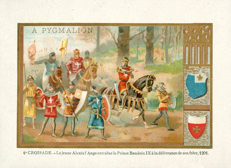 Az ifjú Alexios IV Angelos elhozza Baldwin IX-et, Flandria grófját, hogy felszabadítsa testvérét, a negyedik keresztes hadjáratot. alkotó: French School