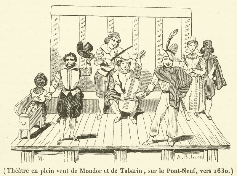 Színház Mondor és Tabarin szabadterében, a Pont-Neuf-on, 1630 körül (metszet) alkotó: French School