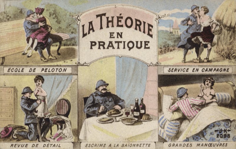 Elmélet és gyakorlat, romantika és katonaság (színes litho) alkotó: French School
