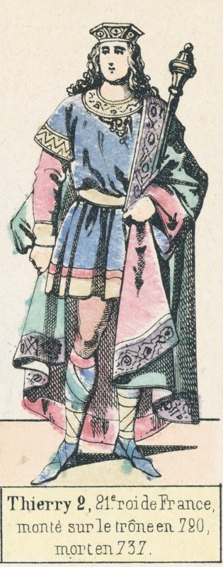Thierry 2, Franciaország 21. királya, 720-ban lépett trónra, 737-ben halt meg (színes metszet) alkotó: French School