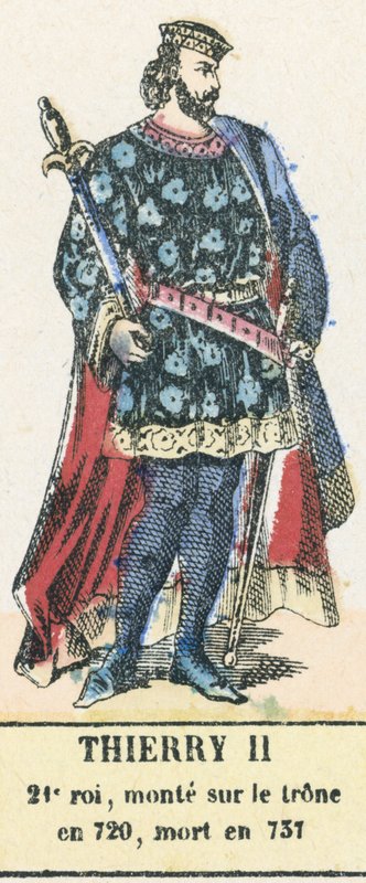Thierry II, 21. király, 720-ban lépett trónra, 737-ben halt meg (színes metszet) alkotó: French School