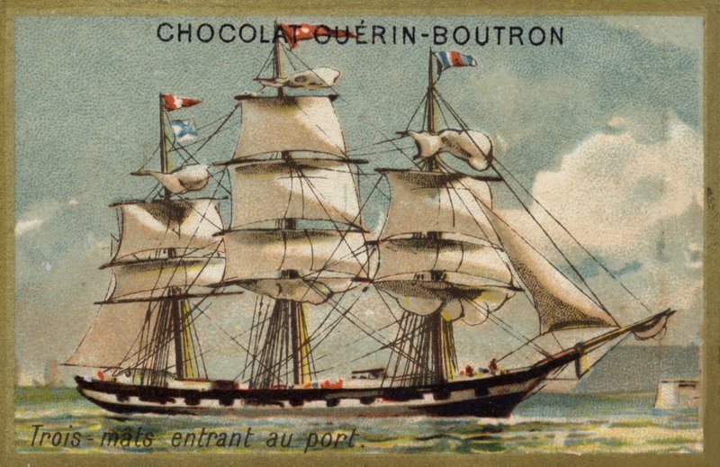 Háromárbocos vitorlás hajó belép a kikötőbe (chromolitho) alkotó: French School