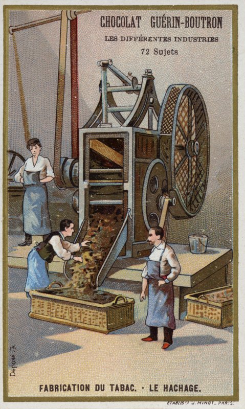 Dohánygyártás. Levél aprítása (chromolitho) alkotó: French School