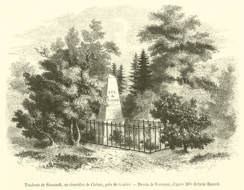 Sismondi sírja a Chenes temetőben, Genf közelében (metszet) alkotó: French School