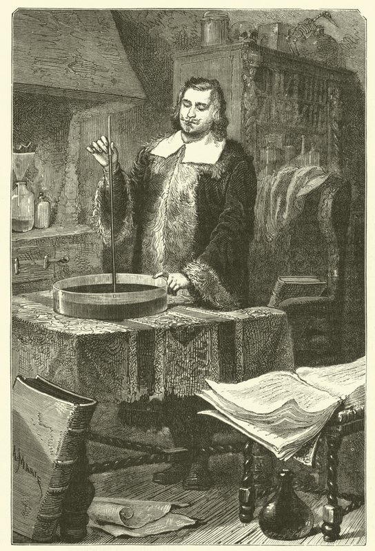 Torricelli feltalálta a barométert (metszet) alkotó: French School