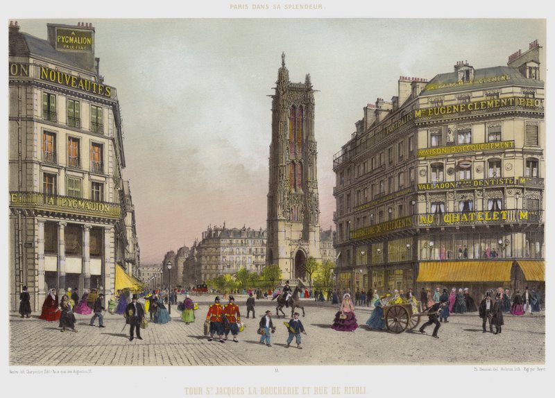 St Jacques-La-Boucherie-torony és a Rue De Rivoli (színes litó) alkotó: French School