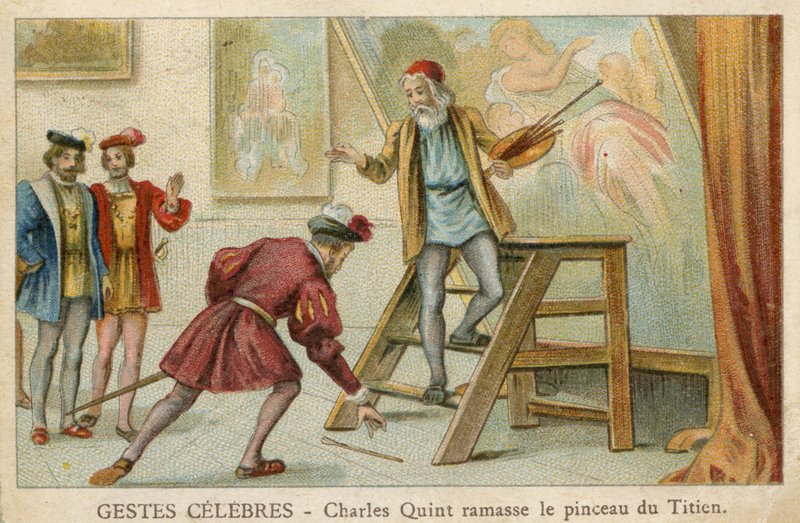 Kereskedelmi kártya, amelyen Charles Quint látható, amint felveszi Tizian ecsetejét (chromolitho) alkotó: French School