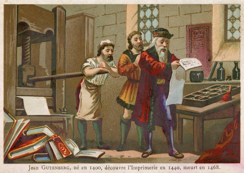 Johann Gutenberget ábrázoló kereskedelmi kártya alkotó: French School
