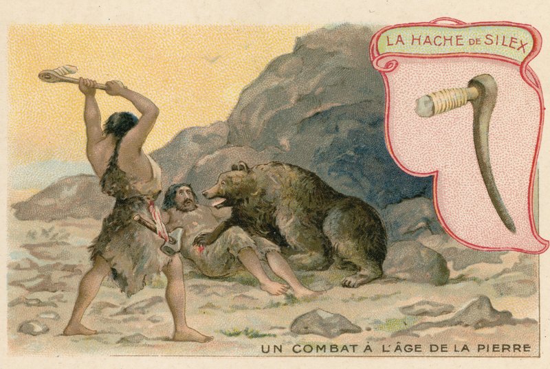 Kereskedelmi kártya egy kovakő fejsze képével alkotó: French School