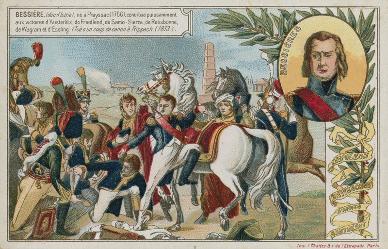 Kereskedelmi kártya egy képpel, amely Bonaparte Napóleont ábrázolja Ratisbonne-ban alkotó: French School
