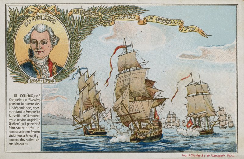 Kereskedelmi kártya a HMS Quebec elleni Surveillante-ot ábrázoló képpel alkotó: French School