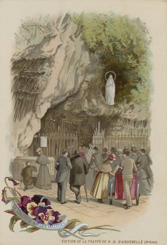 Kereskedelmi kártya a lourdes-i barlang képével alkotó: French School