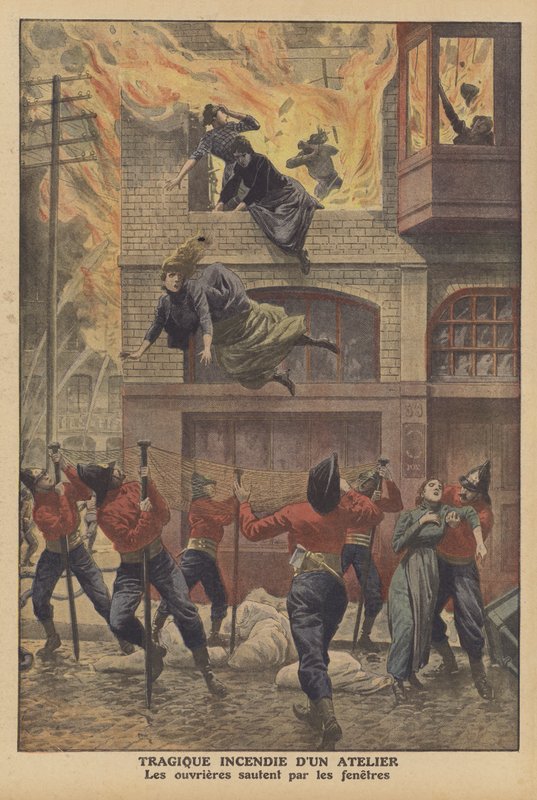 Tragikus tűz egy műhelyben Newarkban, New Jerseyben (színes litho) alkotó: French School