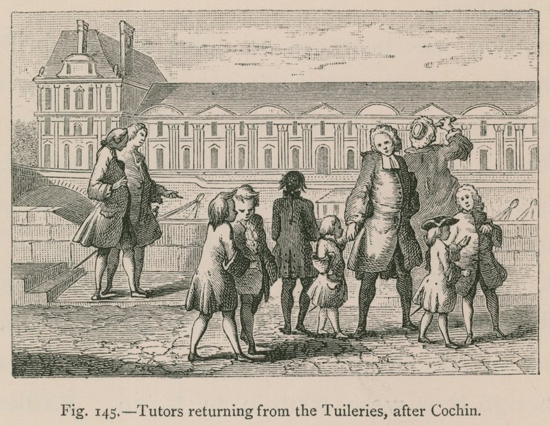 A Tuileriákból visszatérő oktatók Cochin után alkotó: French School