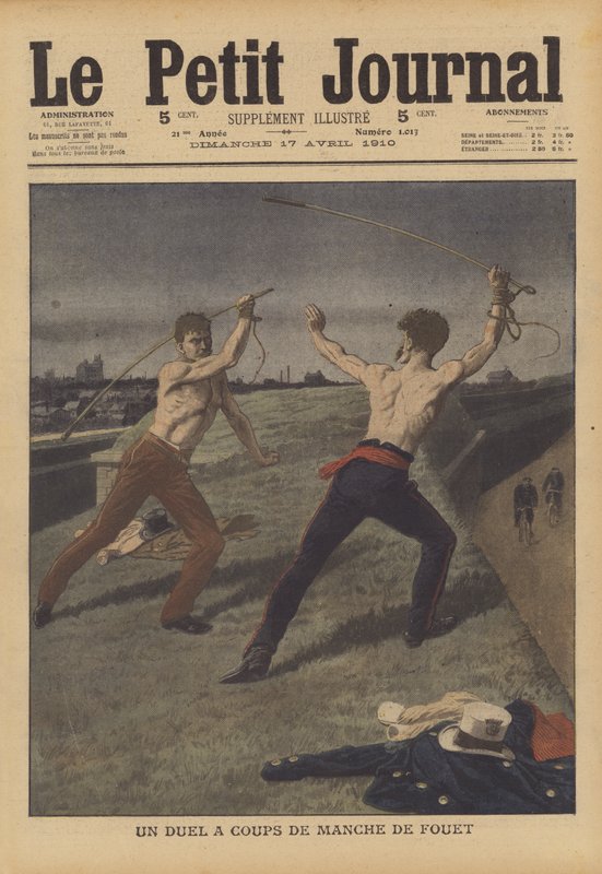 Két taxisofőr párbajt vív lókorbácsaival (színes litho) alkotó: French School