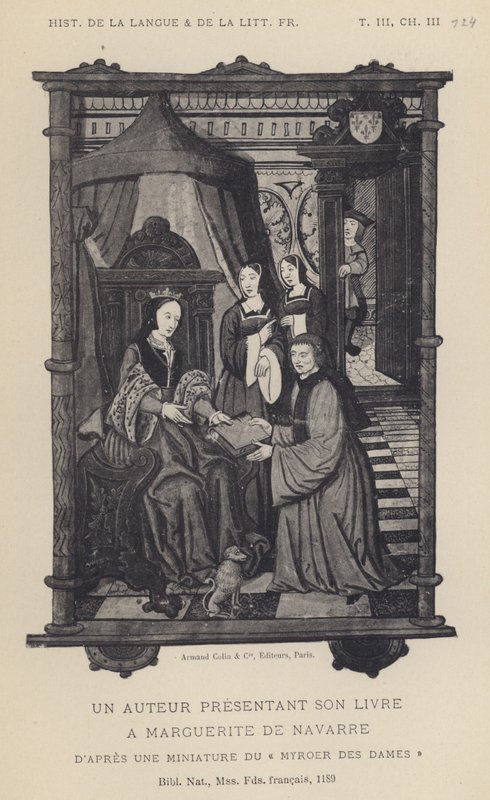 Egy szerző bemutatja könyvét Marguerite De Navarre-nak (litho) alkotó: French School