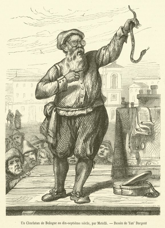 Egy bolognai sarlatán a tizenhetedik században (metszet) alkotó: French School