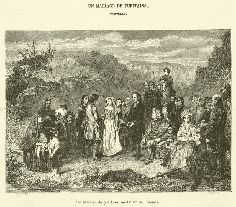 Puritán esküvő (metszet) alkotó: French School