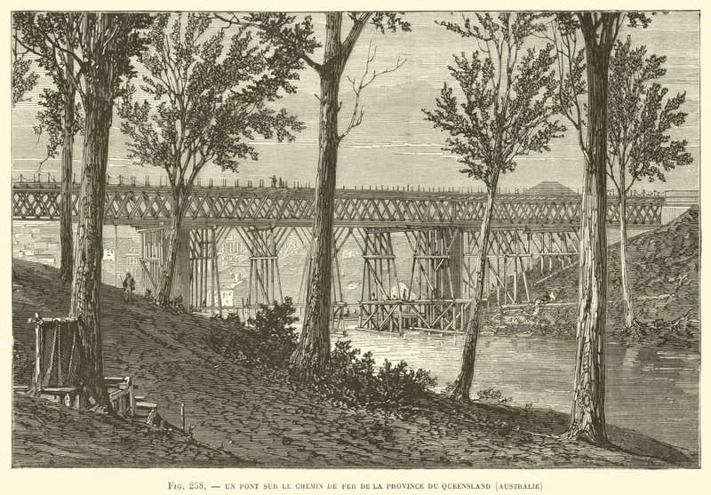 Híd a Queensland tartomány vasútján, Ausztrália (metszet) alkotó: French School