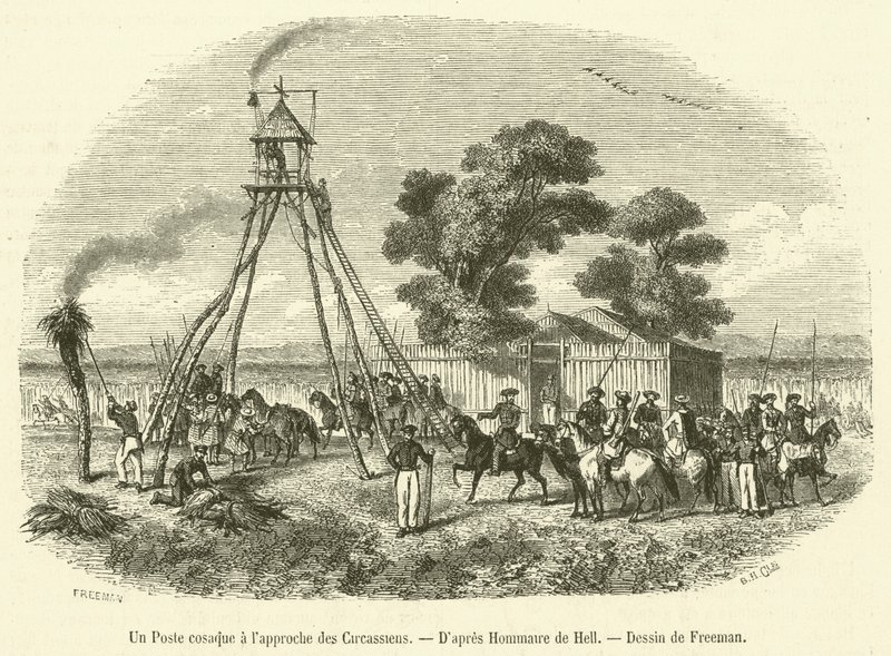 Kozákoszlop közeledik a cserkeszekhez (metszet) alkotó: French School