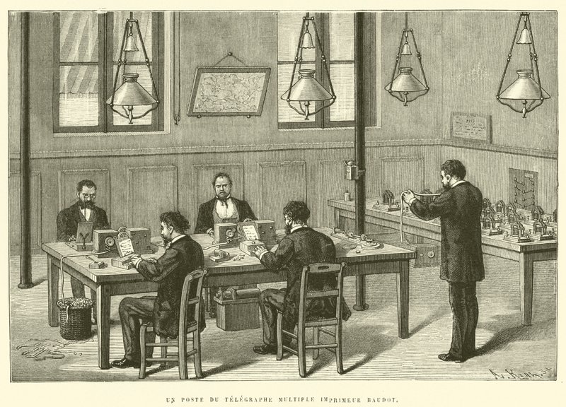 A Baudot többszörös távírónyomtató bejegyzése (metszet) alkotó: French School