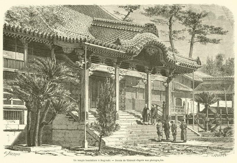 Buddhista templom Nagaszakiban (metszet) alkotó: French School