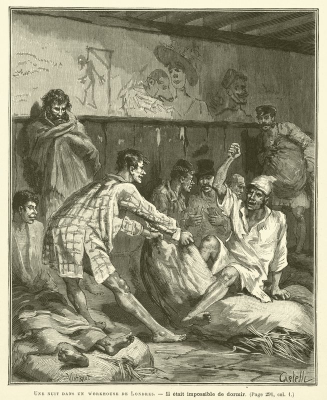 Egy éjszaka egy londoni munkaházban (metszet) alkotó: French School