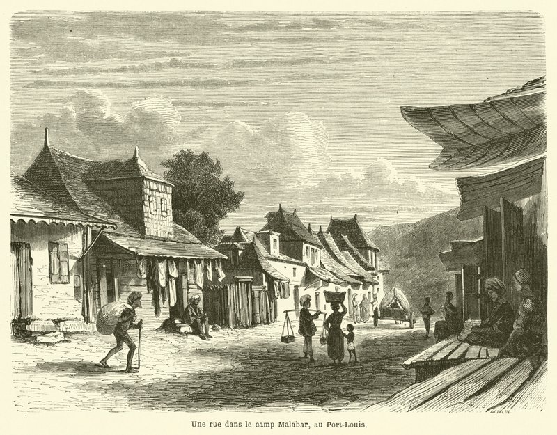 Egy utca a Malabar táborban, Port-Louisban (metszet) alkotó: French School