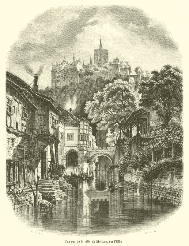 Egy utca Meissen városában, az Elbán (metszet) alkotó: French School