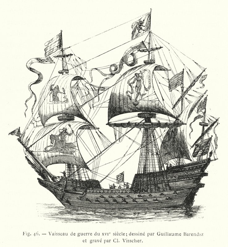 16. századi hadihajó; rajzolta Guillaume Barendsz és metszette Cl Visscher (metszet) alkotó: French School