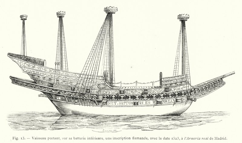 Az edény alsó elemén flamand felirattal, 1523-as dátummal, az Armeria real de Madridnál (metszet) alkotó: French School