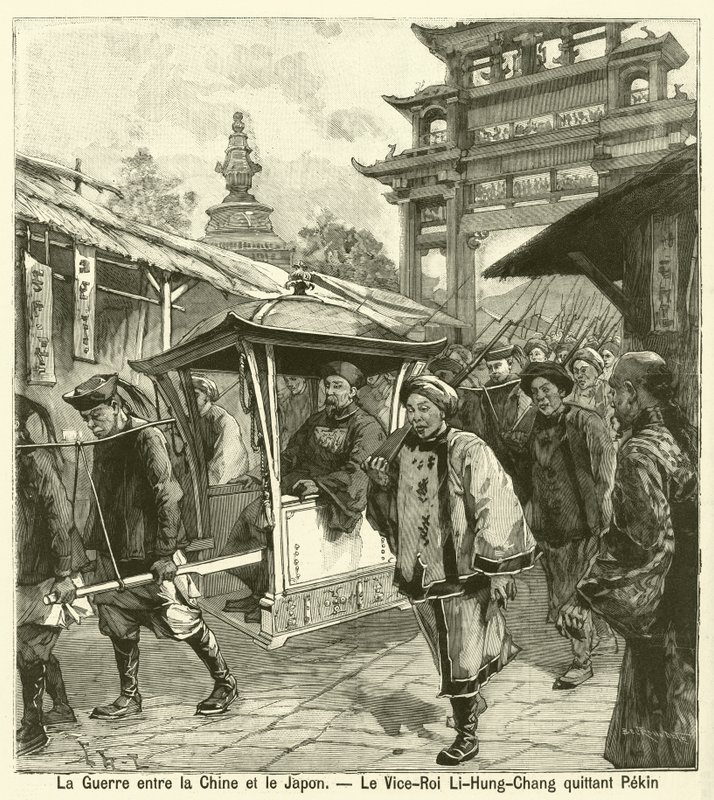 Li Hongzhang alkirály elhagyta Pekinget az első kínai-japán háború alatt (metszet) alkotó: French School
