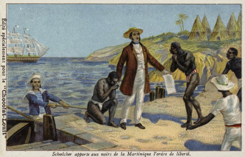Victor Schoelcher hírt ad a szabadságukról Martinique rabszolgáinak, 1848 alkotó: French School