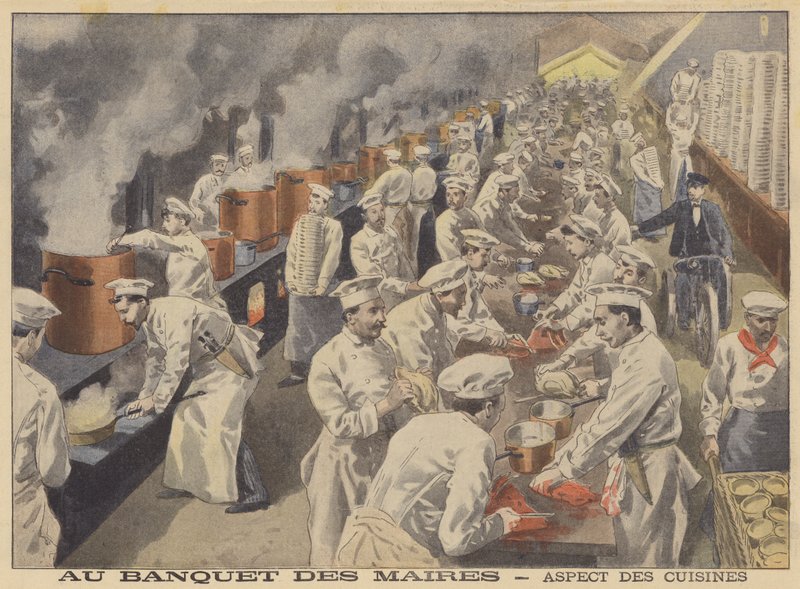 Kilátás a konyhára a francia polgármesterek bankettjére (színes litho) alkotó: French School