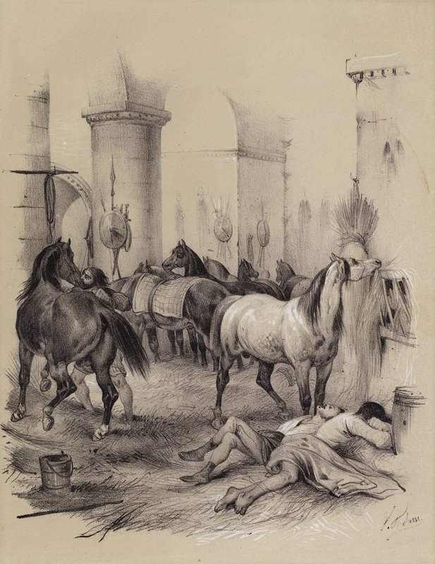 Vikingek, akik istállóként használják az aacheni Nagy Károly-katedrálist, 882 (litho) alkotó: French School
