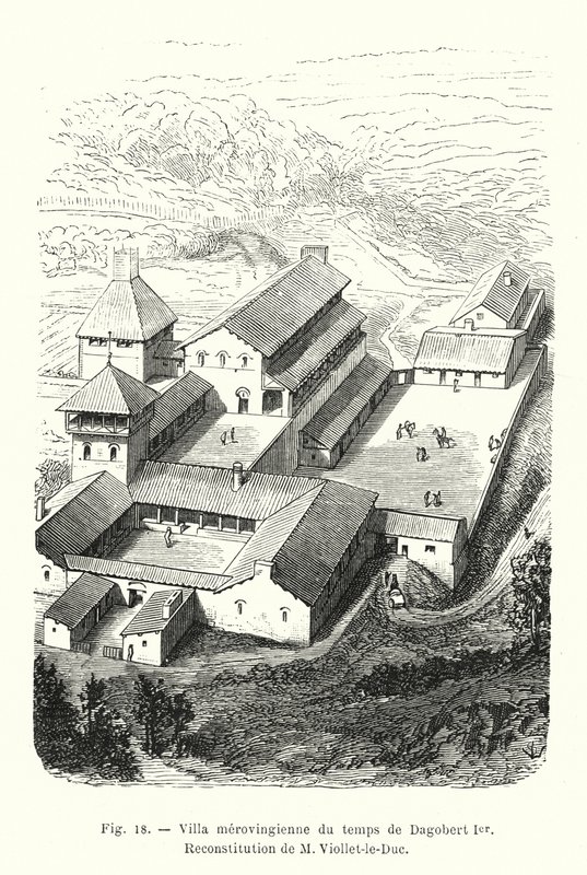 Meroving villa I. Dagobert idejéből, M Viollet-le-Duc rekonstrukciója (metszet) alkotó: French School