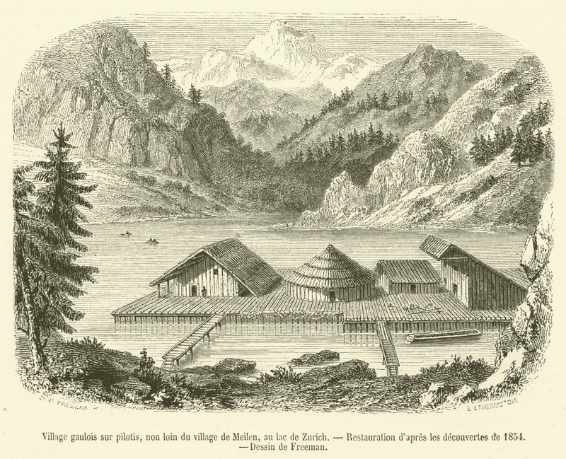 Gall falu gólyalábasokon, Meilen falutól nem messze, a Zürichi-tónál (metszet) alkotó: French School